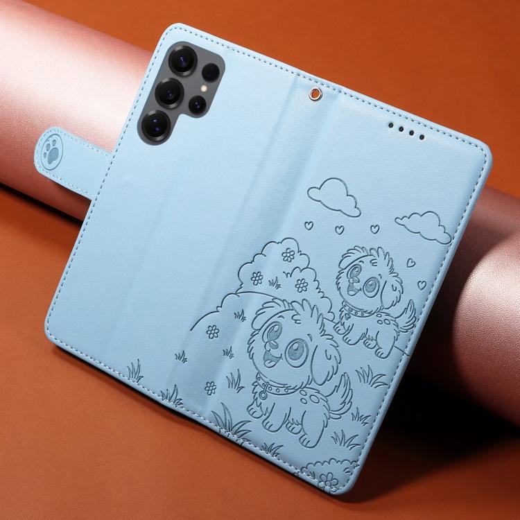 Funda de cuero tipo billetera con bloqueo RFID y diseño de corazón de perro en relieve para Samsung Galaxy S25 Ultra 5G (azul cielo)