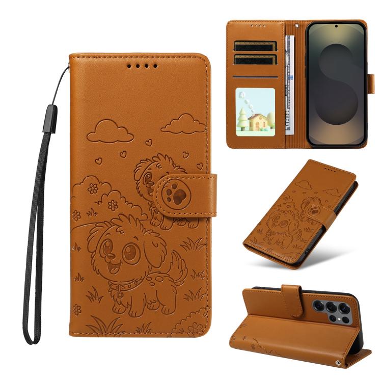 Funda de cuero tipo billetera con bloqueo RFID para Samsung Galaxy S25 Ultra 5G, con diseño de corazón y perro en relieve (marrón)