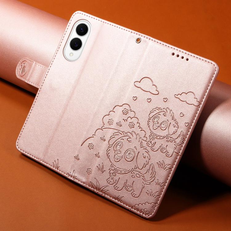 Funda de cuero tipo billetera con bloqueo RFID para Samsung Galaxy S25 Edge 5G, con diseño de corazón en relieve y perro (oro rosa)