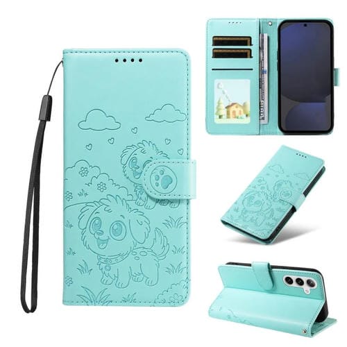 Funda de cuero con bloqueo RFID para Samsung Galaxy S24 FE 5G, diseño de corazón con perro en relieve (verde)