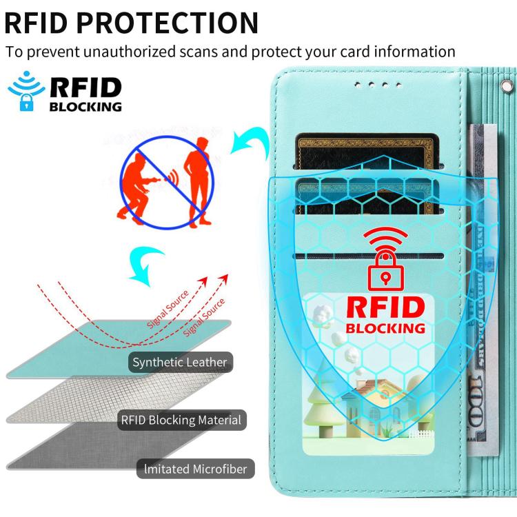 Funda de cuero con bloqueo RFID para Samsung Galaxy S24 FE 5G, diseño de corazón con perro en relieve (verde)