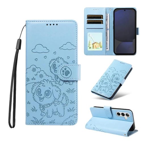 Funda de cuero con bloqueo RFID para Samsung Galaxy S24 FE 5G, diseño de corazón con perro en relieve (azul cielo)