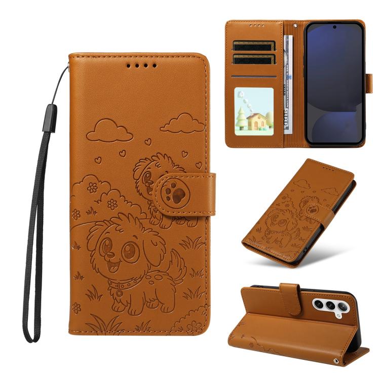 Funda de cuero con bloqueo RFID para Samsung Galaxy S24 FE 5G, con diseño de corazón y perro en relieve (marrón)