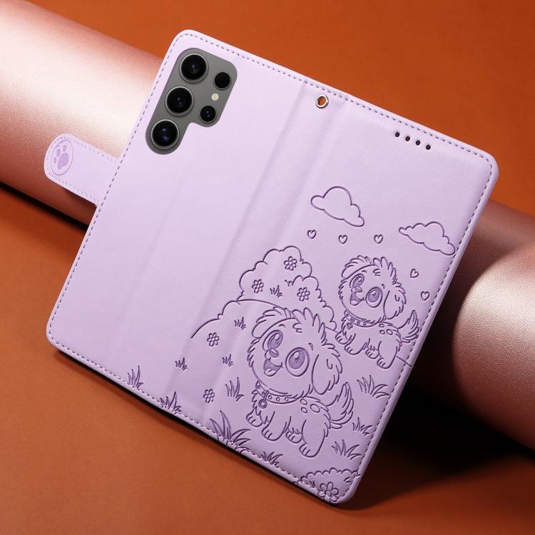Funda de cuero tipo billetera con bloqueo RFID para Samsung Galaxy S24 Ultra 5G, con diseño de corazón y perro en relieve (morado)