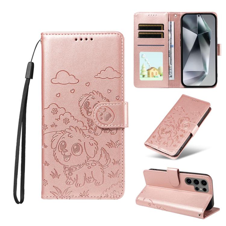 Funda de cuero tipo billetera con bloqueo RFID para Samsung Galaxy S24 Ultra 5G, con diseño de corazón en relieve y perro (oro rosa)