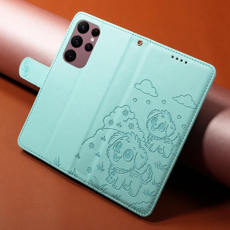 Funda de cuero tipo billetera con bloqueo RFID y diseño de corazón de perro en relieve para Samsung Galaxy S23 Ultra 5G (verde)