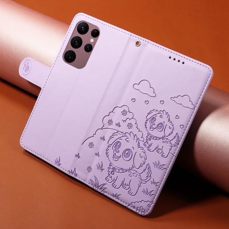 Funda de cuero tipo billetera con bloqueo RFID y diseño de corazón de perro en relieve para Samsung Galaxy S23 Ultra 5G (morado)