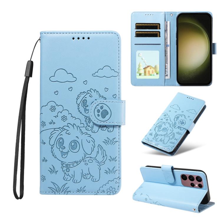 Funda de cuero con bloqueo RFID para Samsung Galaxy S23 Ultra 5G, con diseño de corazón y perro en relieve (azul cielo)