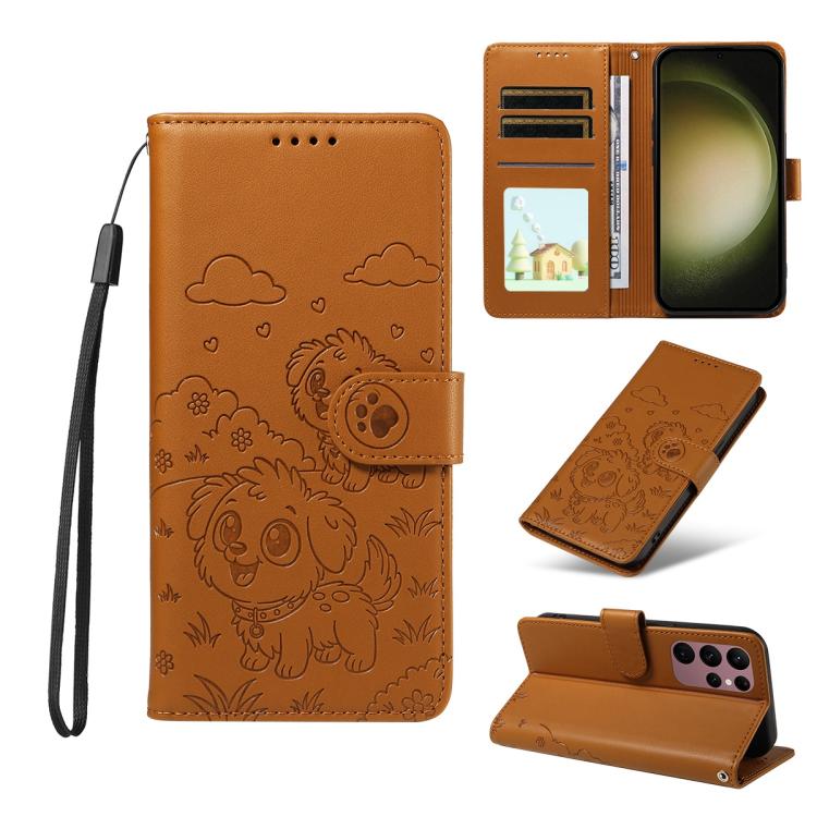 Funda de cuero con bloqueo RFID para Samsung Galaxy S23 Ultra 5G, con diseño de corazón y perro en relieve (marrón)