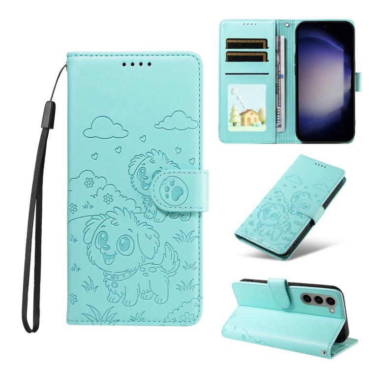 Funda de cuero con bloqueo RFID para Samsung Galaxy S23 5G, diseño de corazón con perro en relieve (verde)