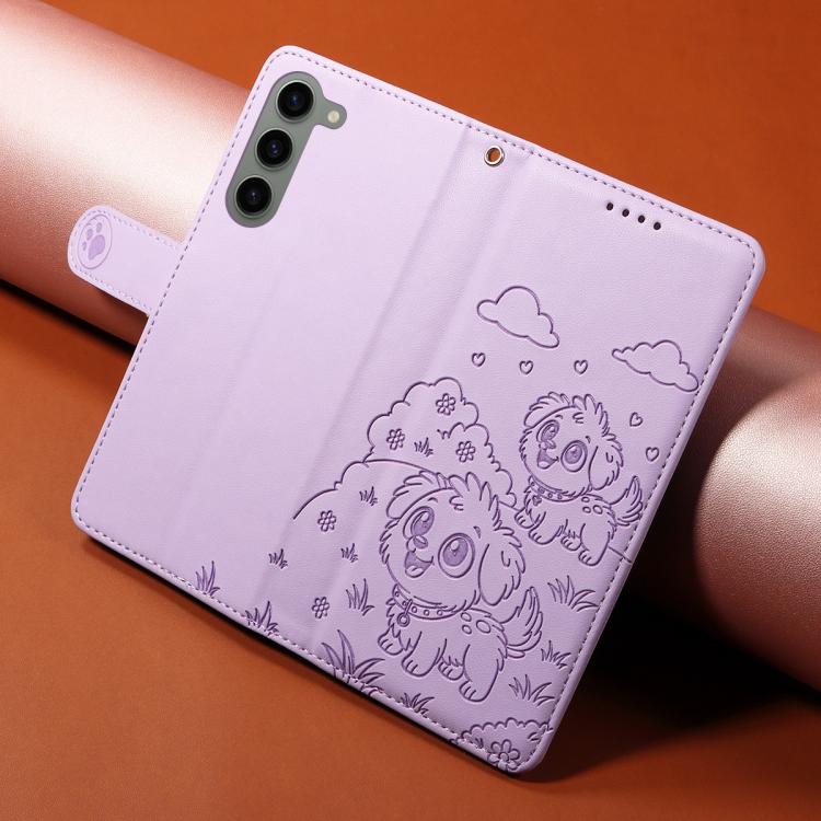 Funda de cuero tipo billetera con bloqueo RFID y diseño de corazón de perro en relieve para Samsung Galaxy S23 5G (morado)