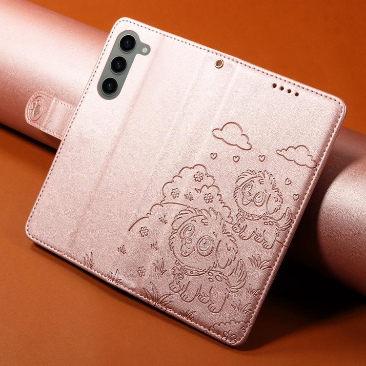 Funda de cuero tipo billetera con bloqueo RFID y diseño de corazón de perro en relieve para Samsung Galaxy S23+ 5G (oro rosa)