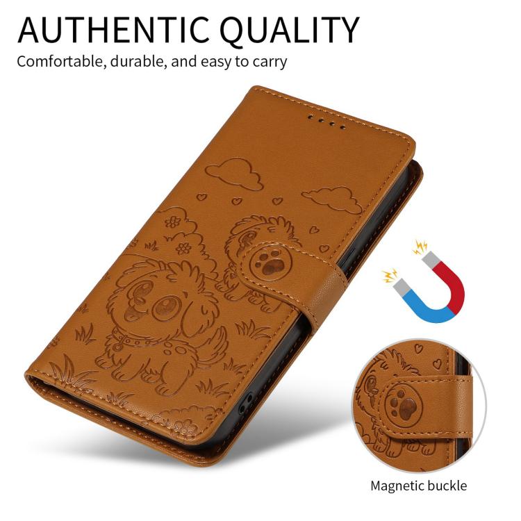 Funda de cuero con bloqueo RFID para Samsung Galaxy S23+ 5G, con diseño de corazón en relieve y perro (marrón)