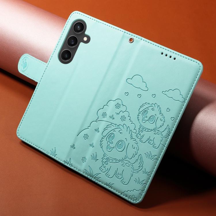 Funda de cuero con bloqueo RFID para Samsung Galaxy S23 FE 5G, diseño de corazón con perro en relieve (verde)