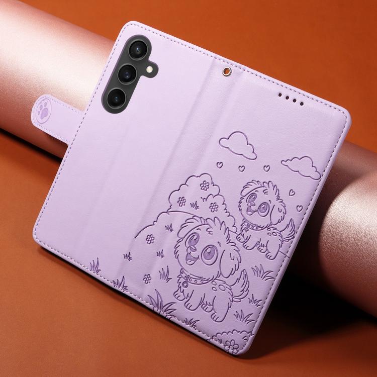 Funda de cuero tipo billetera con bloqueo RFID para Samsung Galaxy S23 FE 5G, con diseño de corazón y perro en relieve (morado)