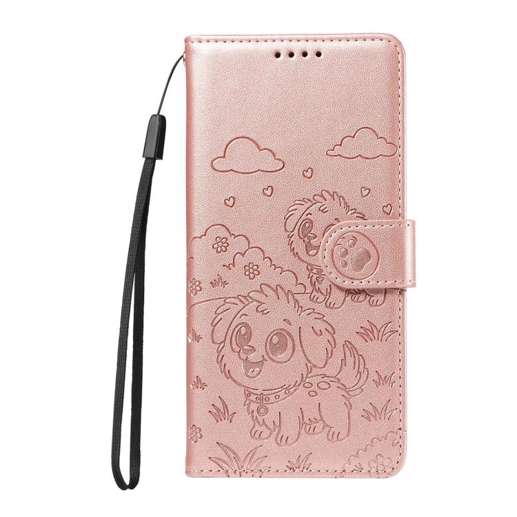 Funda de cuero con bloqueo RFID para Samsung Galaxy S23 FE 5G, diseño de corazón con perro en relieve (oro rosa)