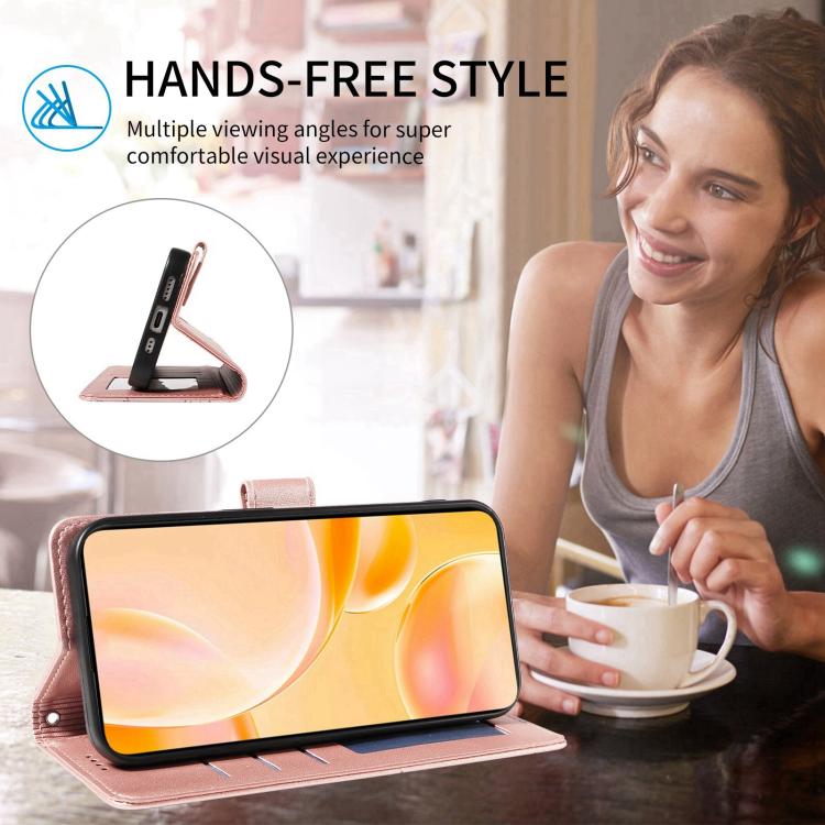 Funda de cuero con bloqueo RFID para Samsung Galaxy S23 FE 5G, diseño de corazón con perro en relieve (oro rosa)