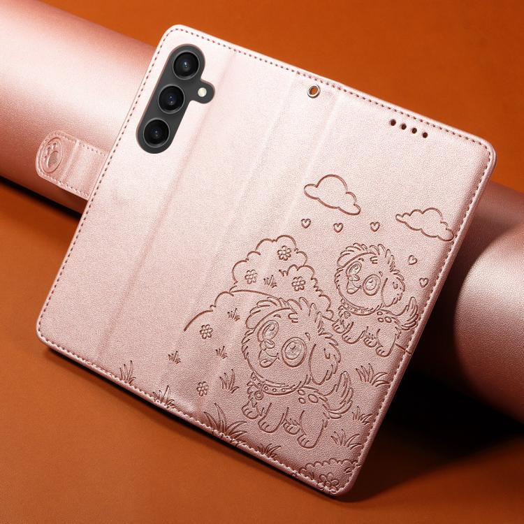 Funda de cuero con bloqueo RFID para Samsung Galaxy S23 FE 5G, diseño de corazón con perro en relieve (oro rosa)