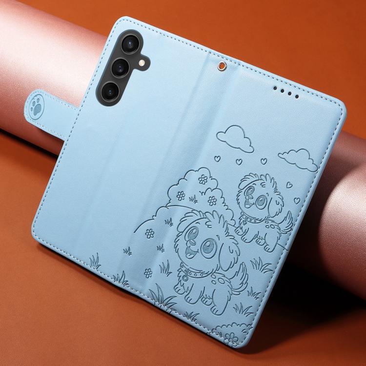 Funda de cuero con bloqueo RFID para Samsung Galaxy S23 FE 5G, diseño de corazón con perro en relieve (azul cielo)