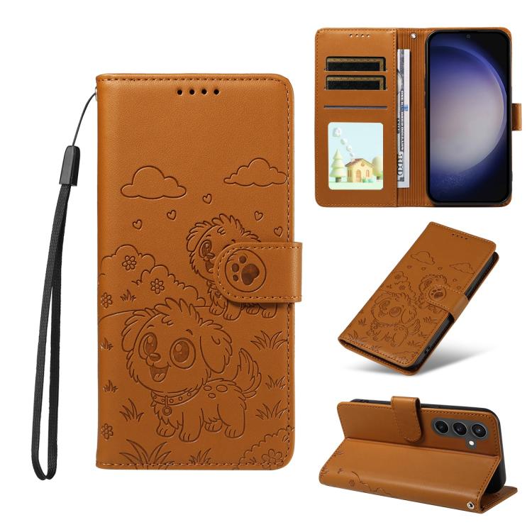 Funda de cuero con bloqueo RFID para Samsung Galaxy S23 FE 5G, con diseño de corazón y perro en relieve (marrón)