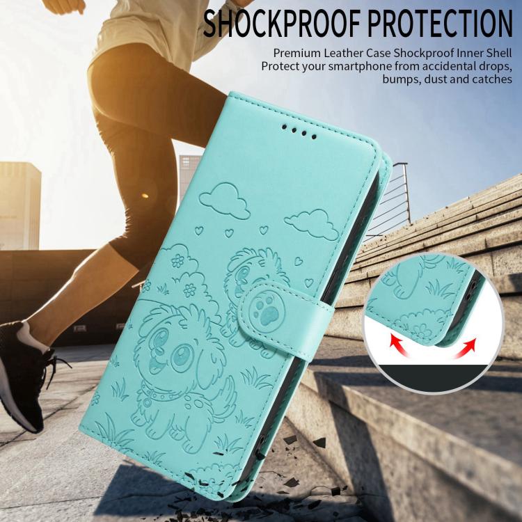 Funda de cuero con bloqueo RFID para Samsung Galaxy S21 FE 5G, diseño de corazón con perro en relieve (verde)