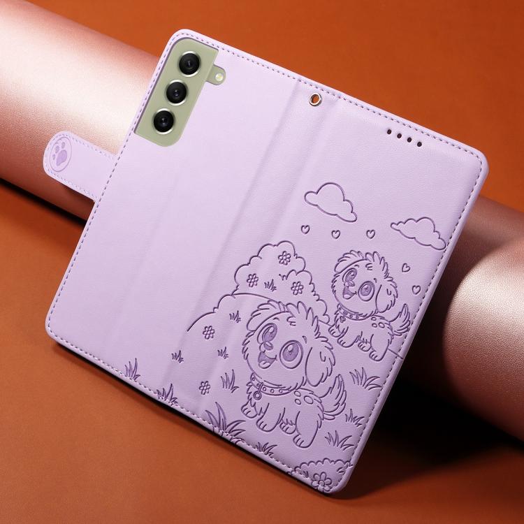 Funda de cuero tipo billetera con bloqueo RFID para Samsung Galaxy S21 FE 5G, con diseño de corazón y perro en relieve (morado)