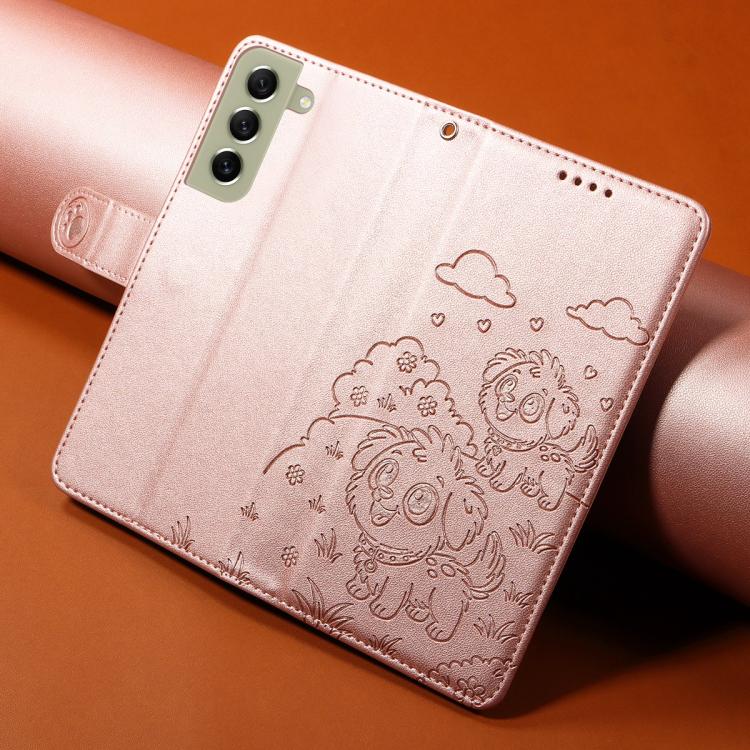 Funda de cuero con bloqueo RFID para Samsung Galaxy S21 FE 5G, diseño de corazón con perro en relieve (oro rosa)