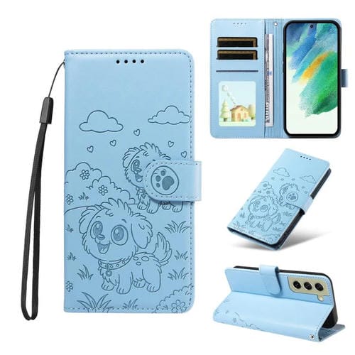 Funda de cuero con bloqueo RFID para Samsung Galaxy S21 FE 5G, diseño de corazón con perro en relieve (azul cielo)