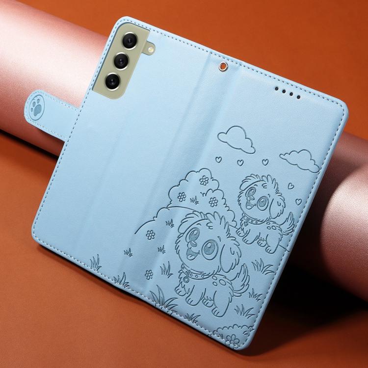 Funda de cuero con bloqueo RFID para Samsung Galaxy S21 FE 5G, diseño de corazón con perro en relieve (azul cielo)