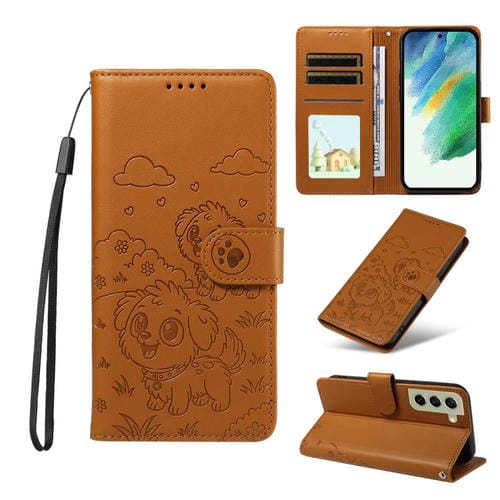 Funda de cuero con bloqueo RFID para Samsung Galaxy S21 FE 5G, con diseño de corazón y perro en relieve (marrón)