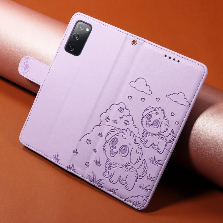 Funda de cuero tipo billetera con bloqueo RFID y diseño de corazón de perro en relieve para Samsung Galaxy S20 FE (morado)