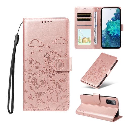 Funda de cuero tipo billetera con bloqueo RFID y diseño de corazón de perro en relieve para Samsung Galaxy S20 FE (oro rosa)