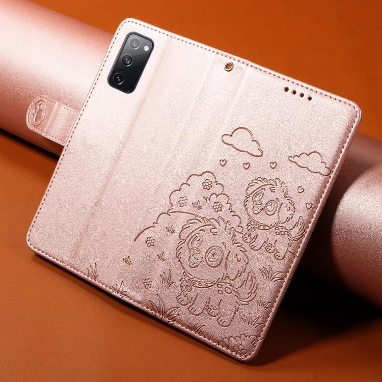 Funda de cuero tipo billetera con bloqueo RFID y diseño de corazón de perro en relieve para Samsung Galaxy S20 FE (oro rosa)