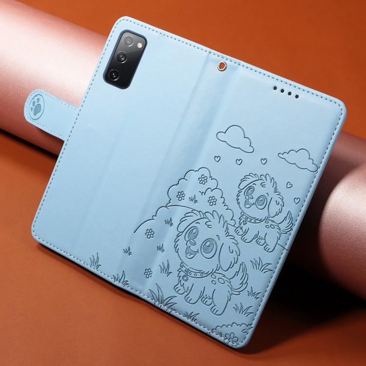 Funda de cuero con bloqueo RFID para Samsung Galaxy S20 FE con diseño de corazón y perro en relieve (azul cielo)