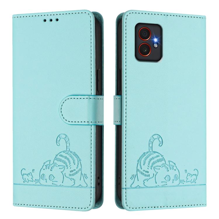 Funda de cuero RFID con estampado de gato y rata en relieve para Samsung Galaxy XCover7 Pro con cordón (verde menta)