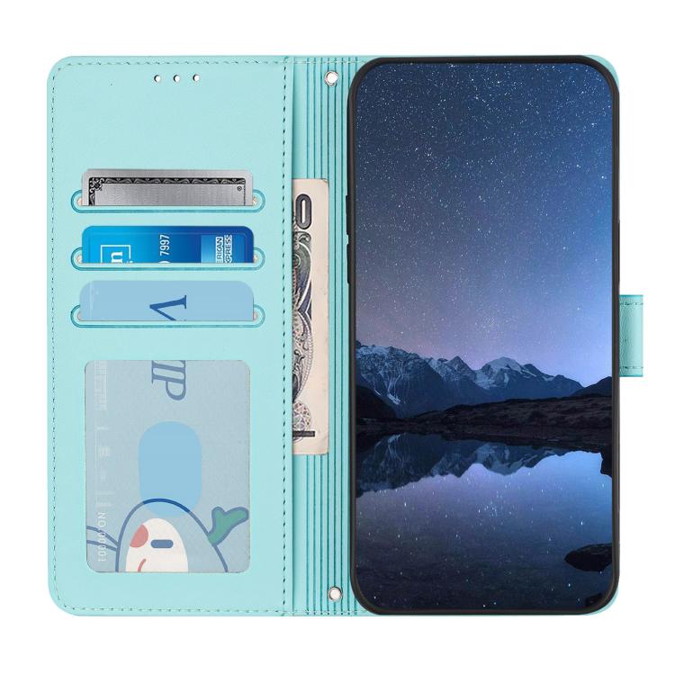 Funda de cuero RFID con estampado de gato y rata en relieve para Samsung Galaxy XCover7 Pro con cordón (verde menta)