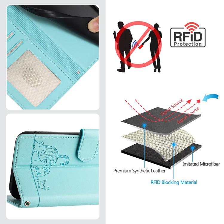 Funda de cuero RFID con estampado de gato y rata en relieve para Samsung Galaxy XCover7 Pro con cordón (verde menta)