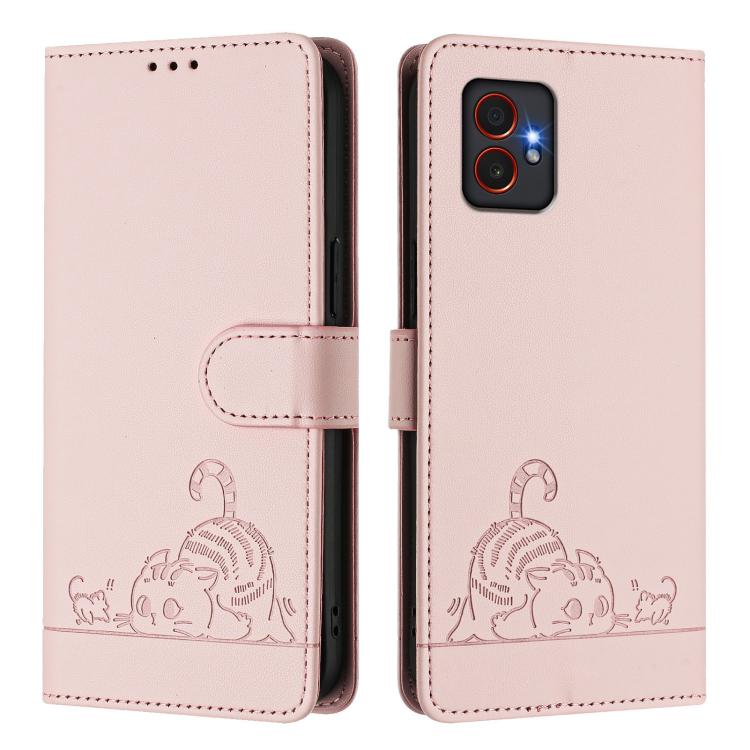 Funda de cuero RFID con estampado de gato y rata en relieve para Samsung Galaxy XCover7 Pro con cordón (rosa)