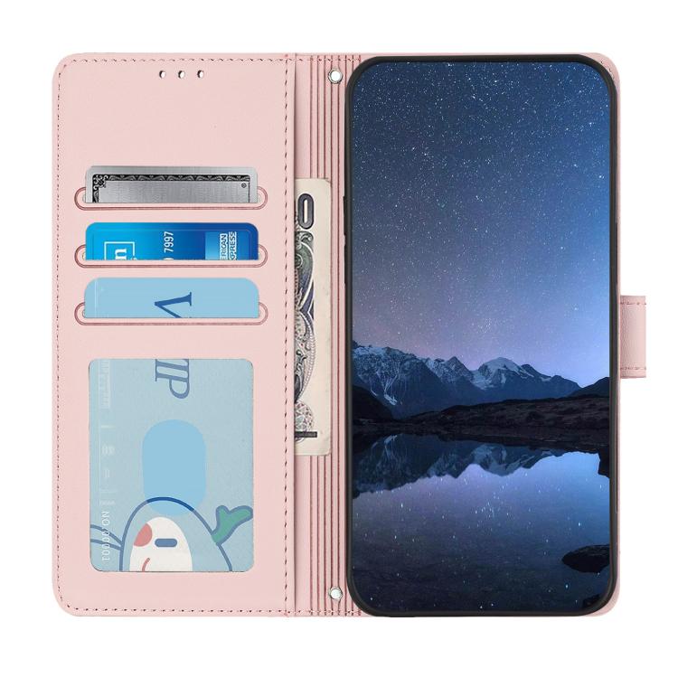 Funda de cuero RFID con estampado de gato y rata en relieve para Samsung Galaxy XCover7 Pro con cordón (rosa)