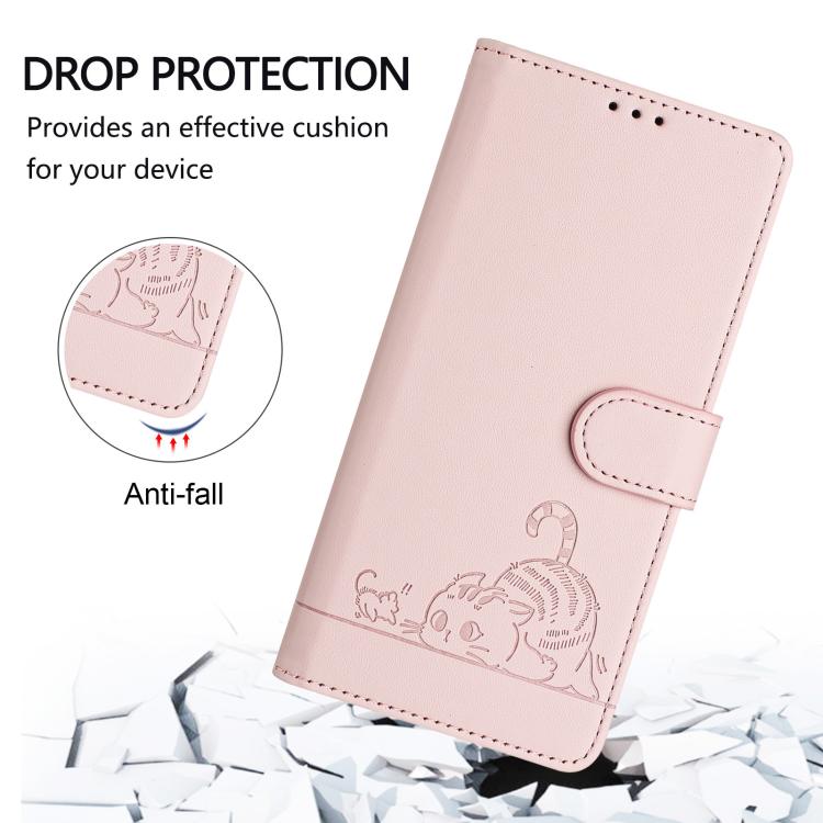 Funda de cuero RFID con estampado de gato y rata en relieve para Samsung Galaxy XCover7 Pro con cordón (rosa)