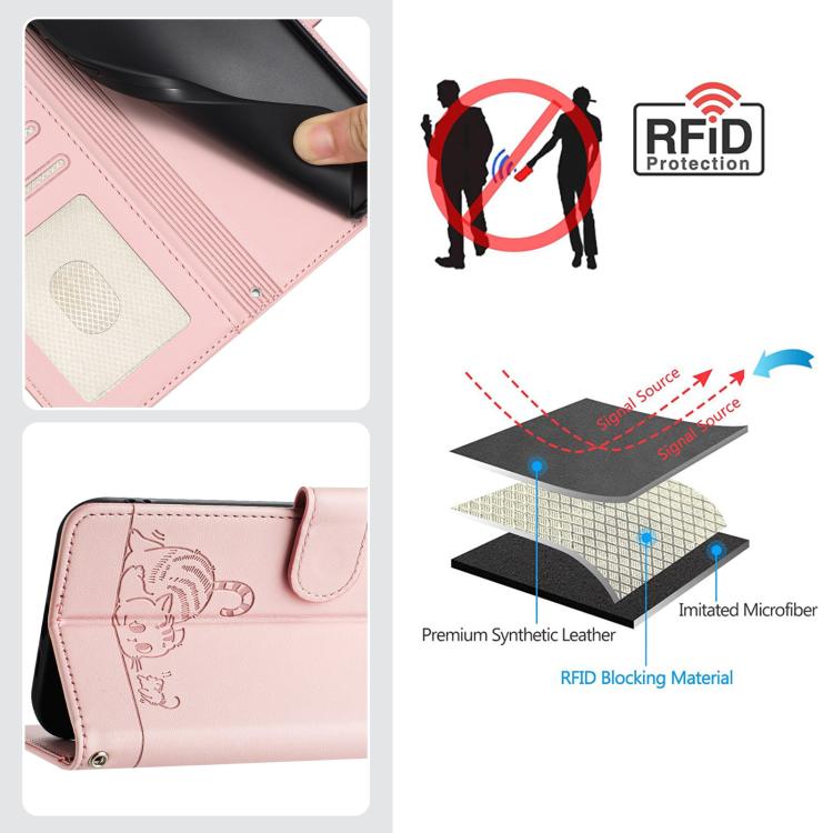 Funda de cuero RFID con estampado de gato y rata en relieve para Samsung Galaxy XCover7 Pro con cordón (rosa)