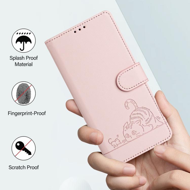 Funda de cuero RFID con estampado de gato y rata en relieve para Samsung Galaxy XCover7 Pro con cordón (rosa)