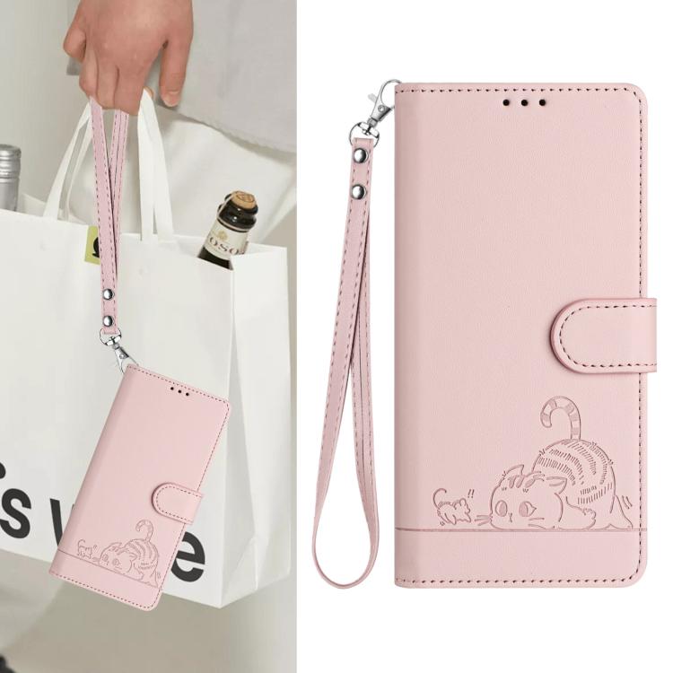 Funda de cuero RFID con estampado de gato y rata en relieve para Samsung Galaxy XCover7 Pro con cordón (rosa)