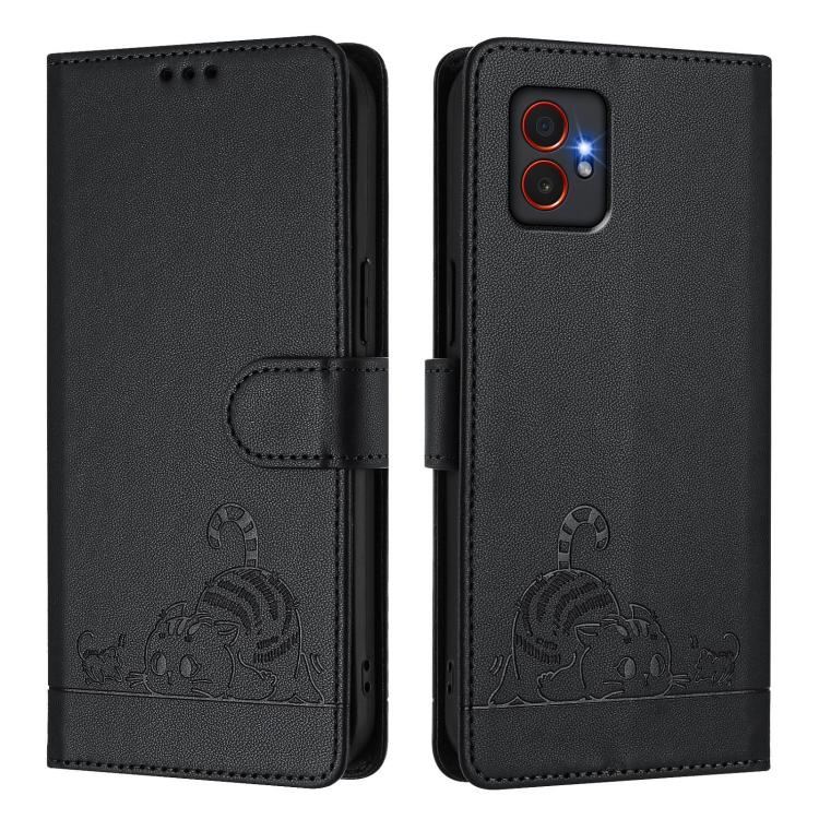 Funda de cuero RFID con estampado de gato y rata en relieve para Samsung Galaxy XCover7 Pro con cordón (negra)