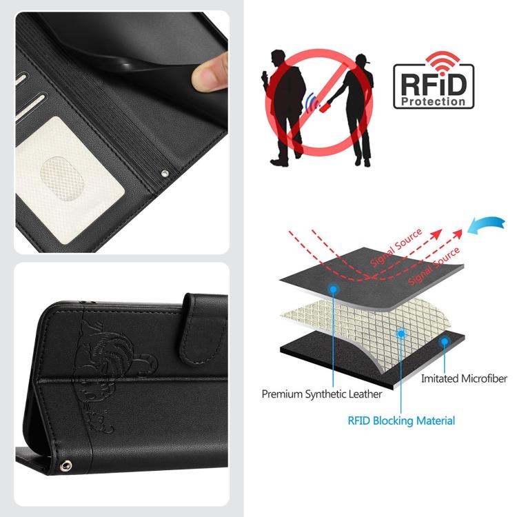 Funda de cuero RFID con estampado de gato y rata en relieve para Samsung Galaxy XCover7 Pro con cordón (negra)