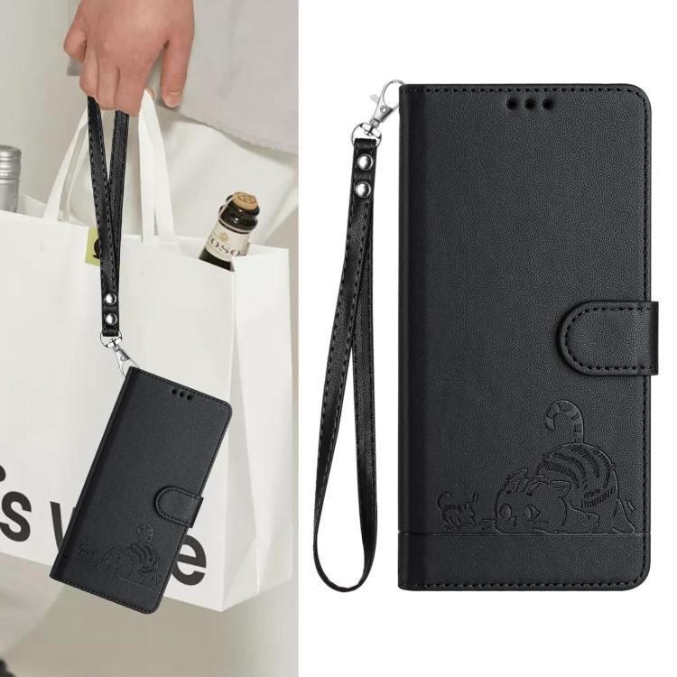 Funda de cuero RFID con estampado de gato y rata en relieve para Samsung Galaxy XCover7 Pro con cordón (negra)