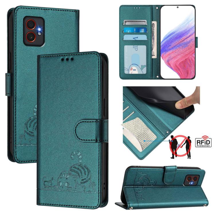 Funda de cuero RFID con estampado de gato y rata en relieve para Samsung Galaxy XCover7 Pro con cordón (verde pavo real)
