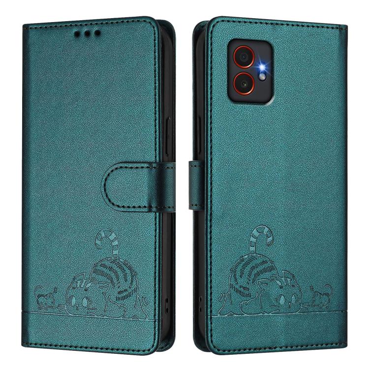 Funda de cuero RFID con estampado de gato y rata en relieve para Samsung Galaxy XCover7 Pro con cordón (verde pavo real)