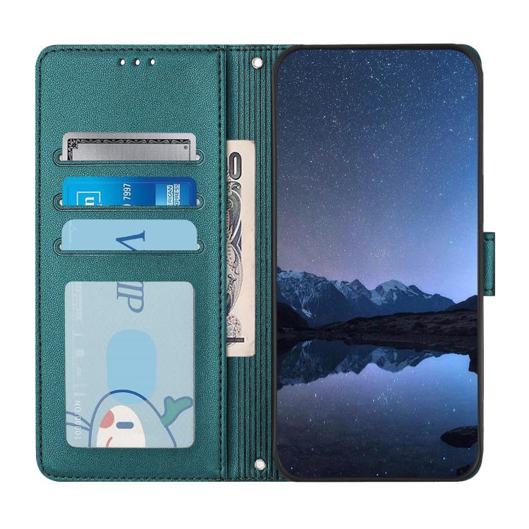 Funda de cuero RFID con estampado de gato y rata en relieve para Samsung Galaxy XCover7 Pro con cordón (verde pavo real)
