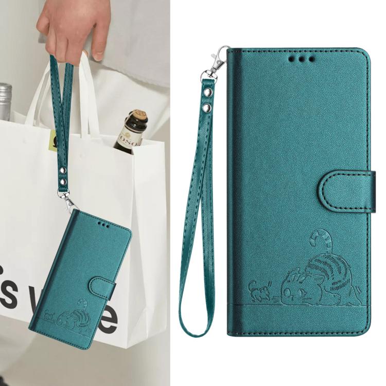 Funda de cuero RFID con estampado de gato y rata en relieve para Samsung Galaxy XCover7 Pro con cordón (verde pavo real)